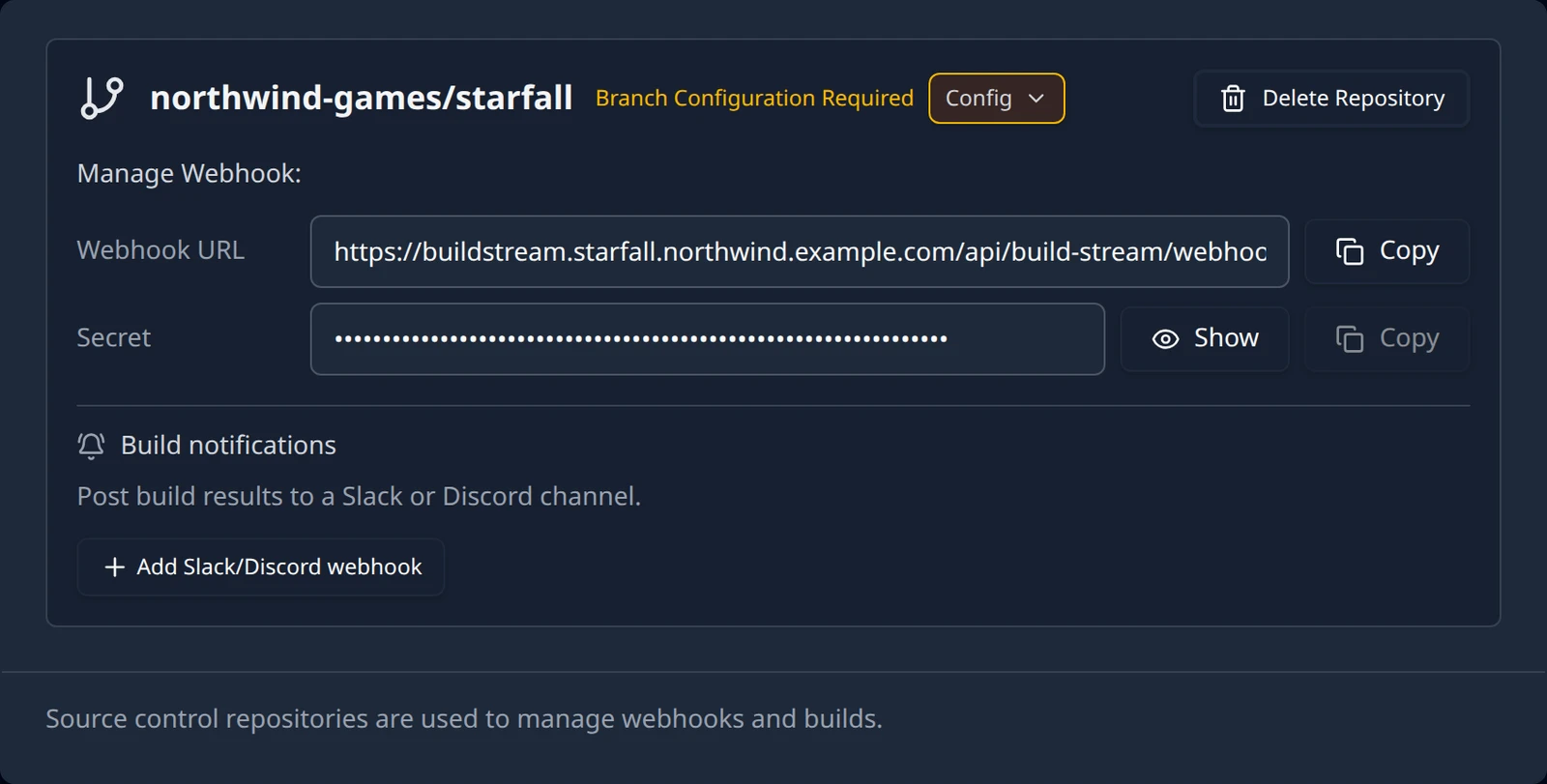 A connected Bitbucket repository card showing the Manage Webhook block with the Webhook URL, a masked Secret, the Copy and Show buttons, and the Config and Delete Repository controls.