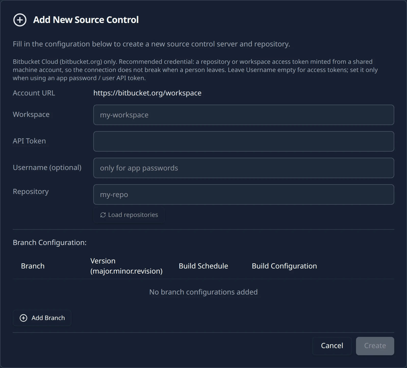 The Bitbucket connection form on the Connections page with Workspace filled in, a masked API Token, an empty Username field and the Load repositories button, before any repositories have been loaded.