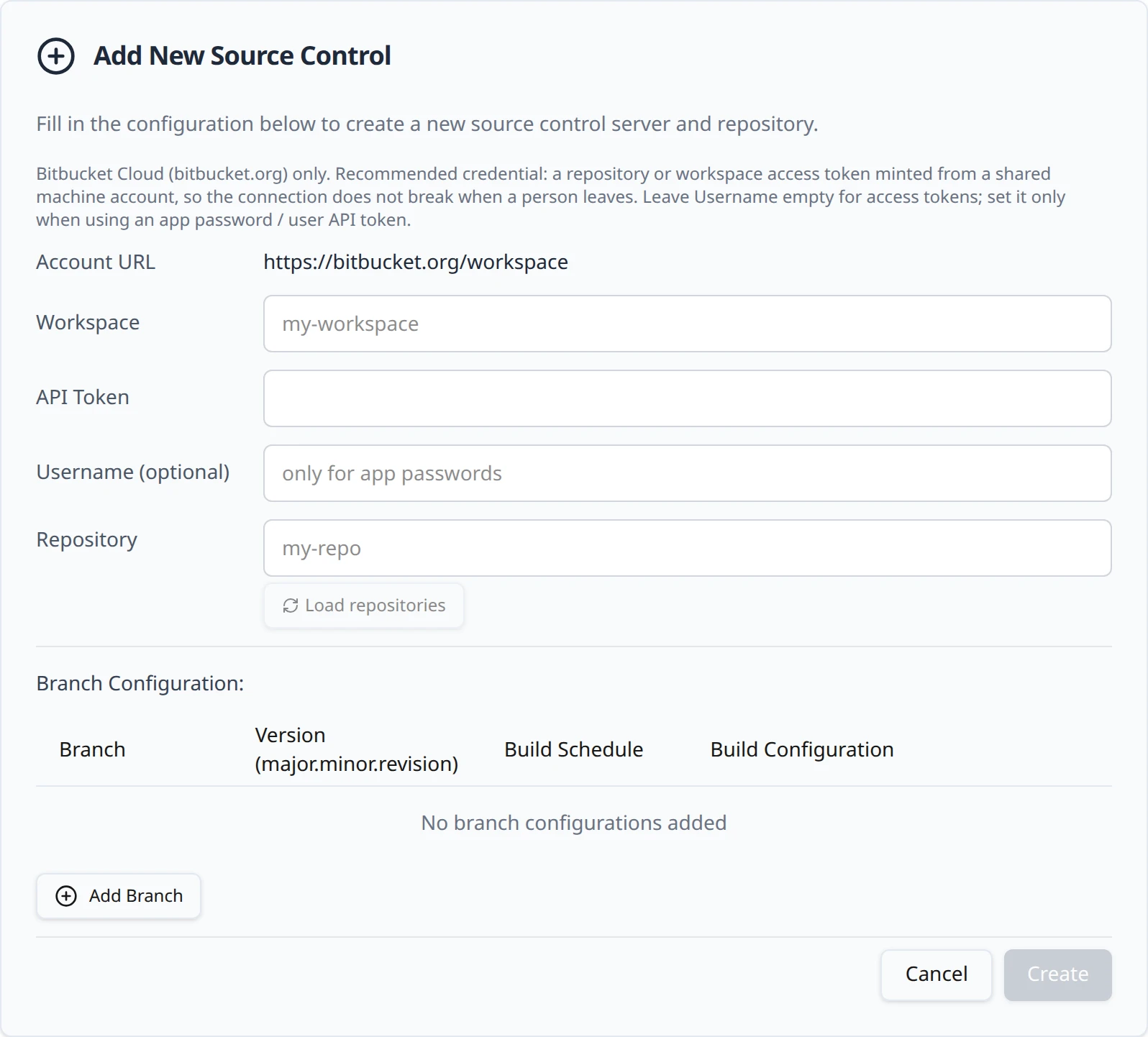 The Bitbucket connection form on the Connections page with Workspace filled in, a masked API Token, an empty Username field and the Load repositories button, before any repositories have been loaded.