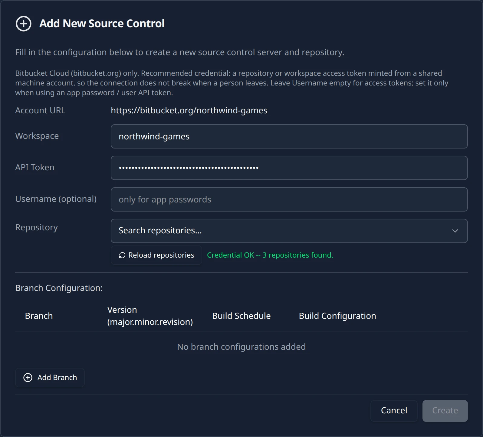 The Bitbucket connection form after Load repositories succeeded: the Credential OK line reports the repositories found and the Repository field has become a searchable picker with a repository selected.