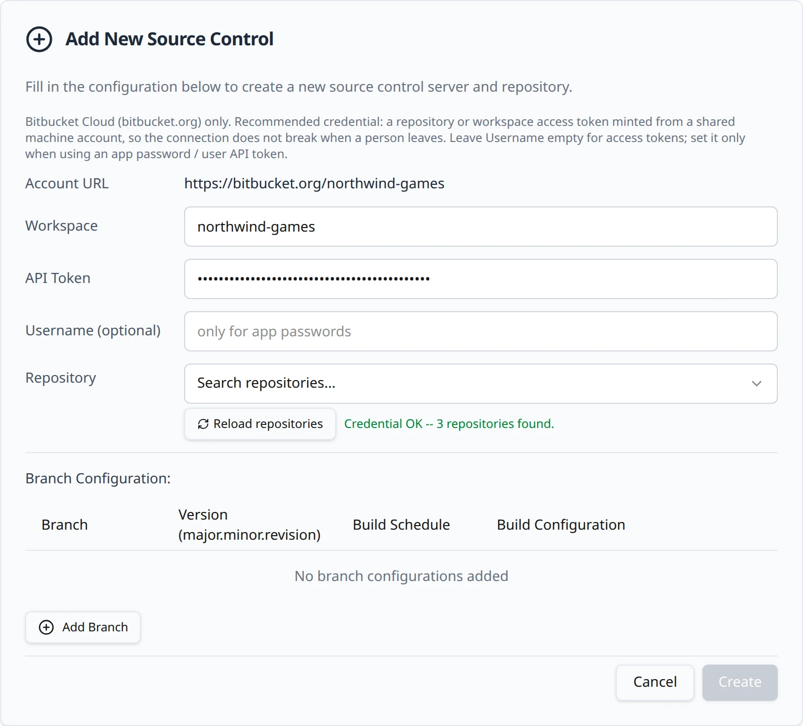 The Bitbucket connection form after Load repositories succeeded: the Credential OK line reports the repositories found and the Repository field has become a searchable picker with a repository selected.