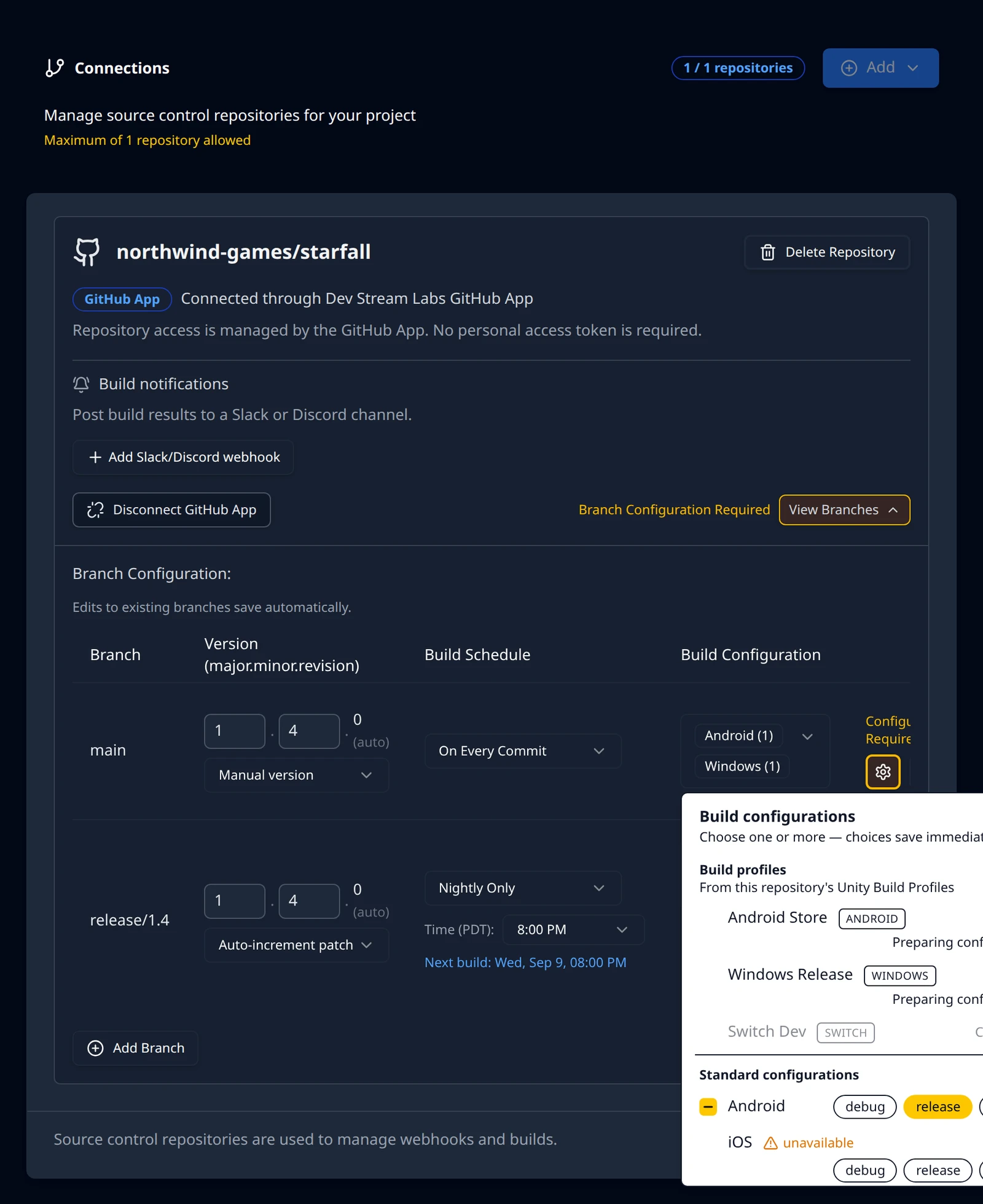 The Build configurations picker for a Unity branch showing the Build profiles section with a discovered profile and its platform tag above the Standard configurations rows.