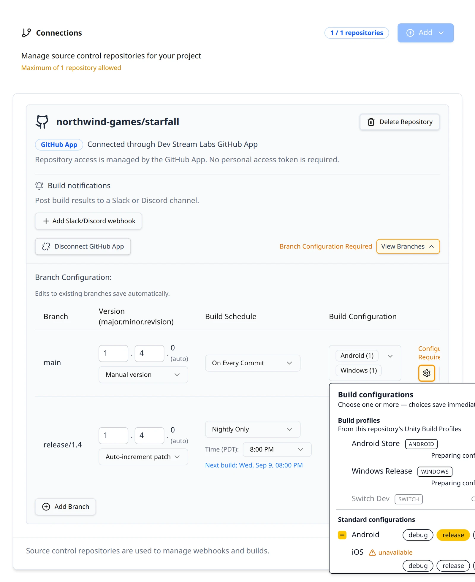 The Build configurations picker for a Unity branch showing the Build profiles section with a discovered profile and its platform tag above the Standard configurations rows.