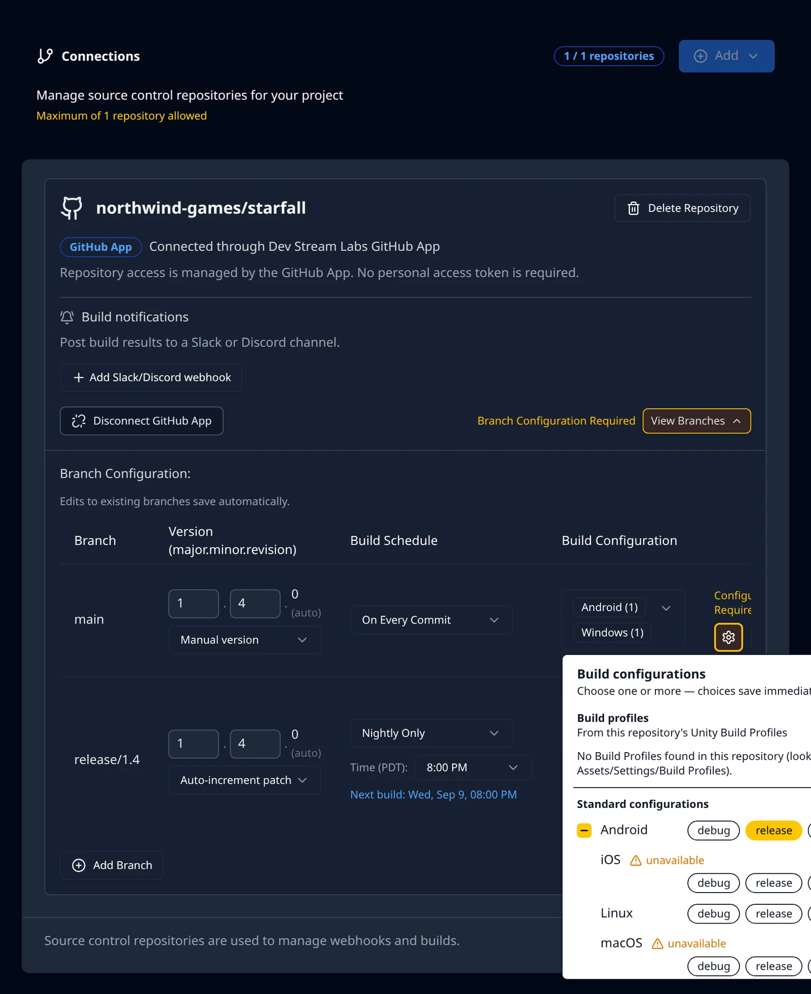 The Build configurations picker open under a branch row, listing platforms with debug, release and shipping chips, a divider, and the console rows marked Coming soon.