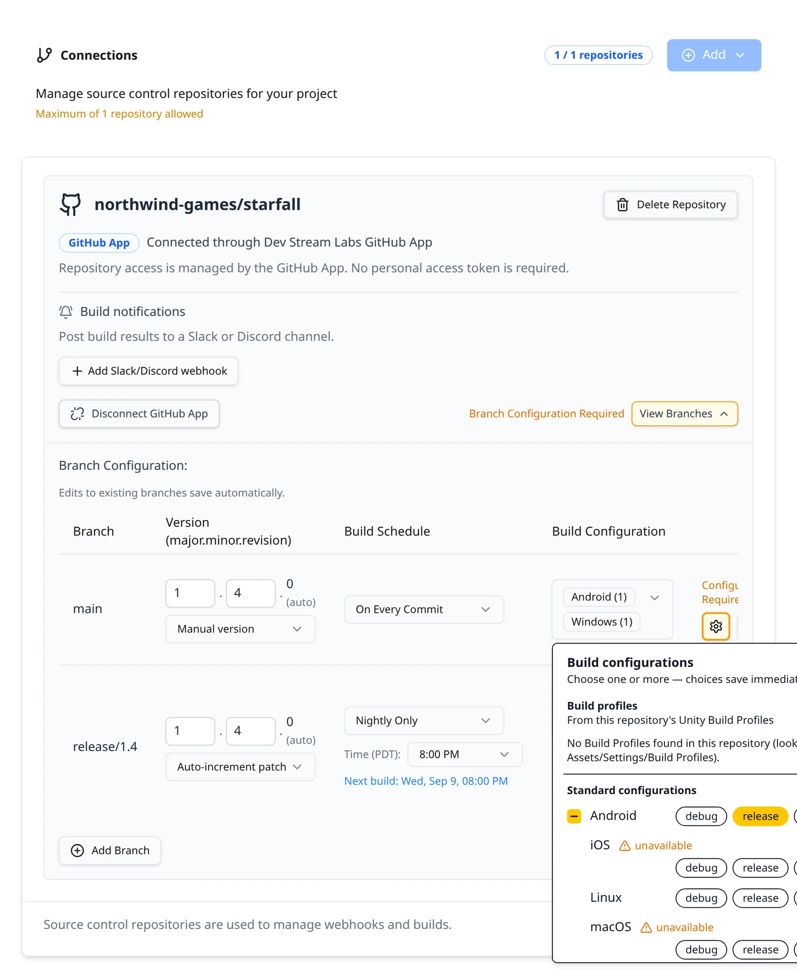The Build configurations picker open under a branch row, listing platforms with debug, release and shipping chips, a divider, and the console rows marked Coming soon.