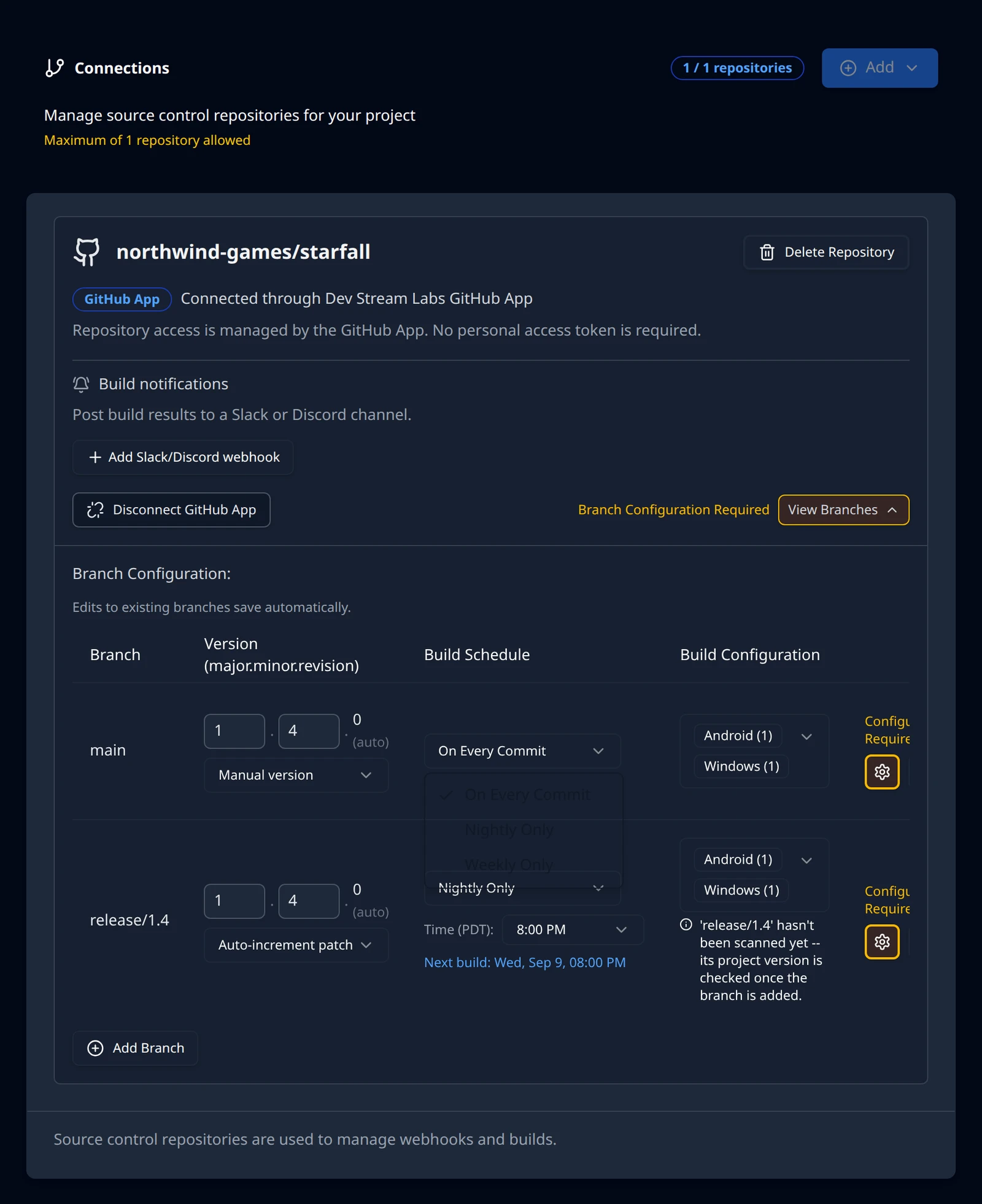 The Build Schedule select on a confirmed branch row opened to show On Every Commit, Nightly Only and Weekly Only, with the Time control for the scheduled options.
