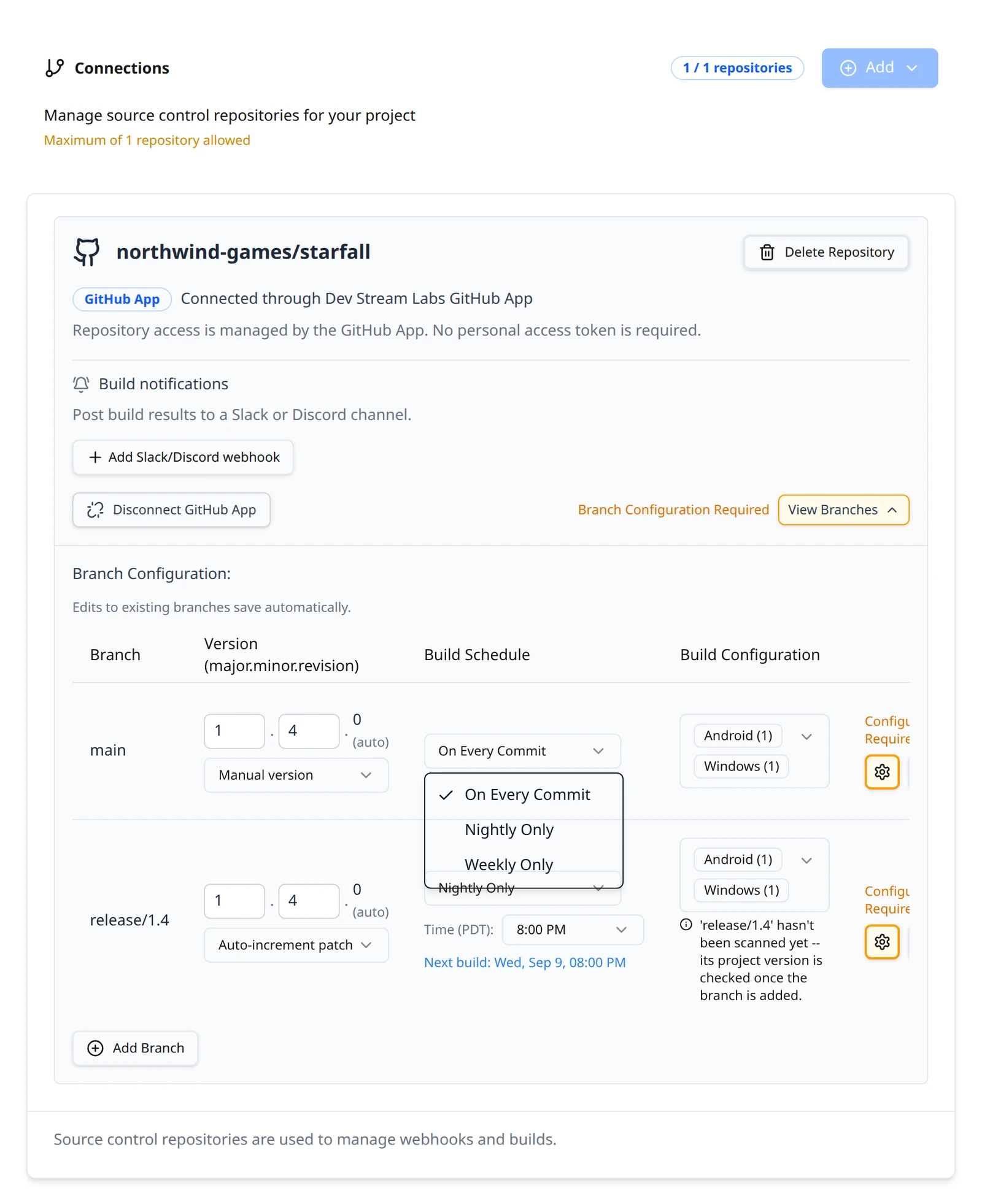 The Build Schedule select on a confirmed branch row opened to show On Every Commit, Nightly Only and Weekly Only, with the Time control for the scheduled options.
