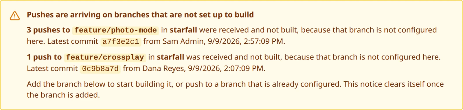 The amber notice at the top of the Connections page headed Pushes are arriving on branches that are not set up to build, listing a branch, its push count and latest commit.