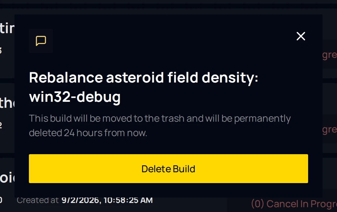 The delete dialog for one selected job, titled with the commit message and configuration, warning that the build moves to the trash and is permanently deleted after 24 hours.