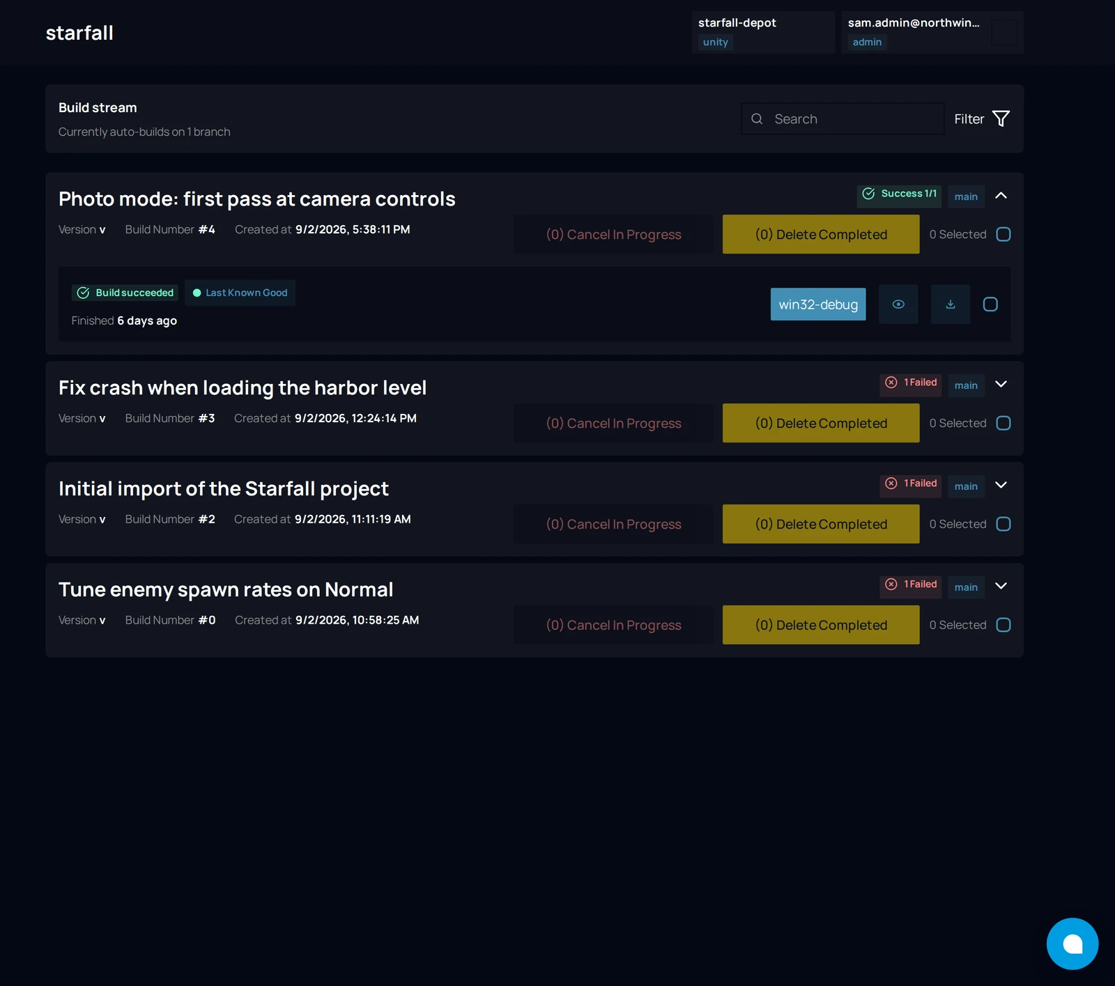 The Builds page with one commit group expanded, showing a succeeded job and a failed job with their View Log and Download buttons.
