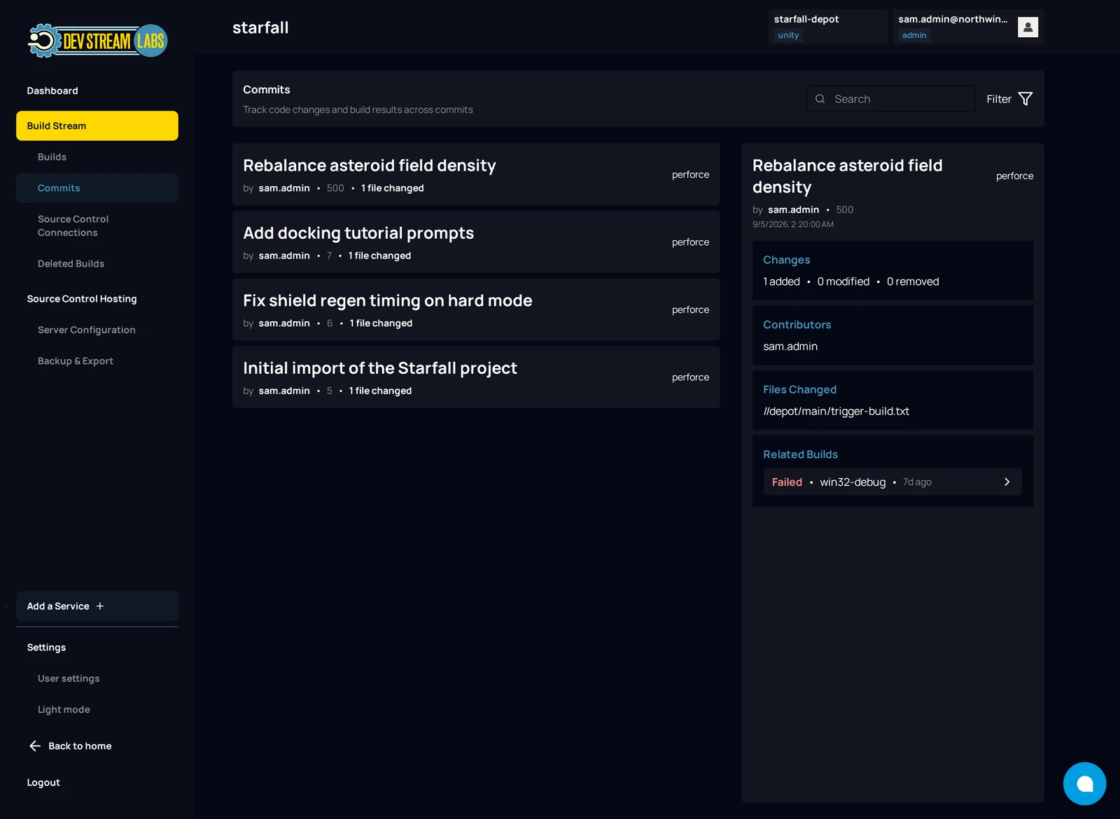 The commit details panel open beside the Commits list, showing Changes, Contributors, Files Changed and Related Builds for one commit.