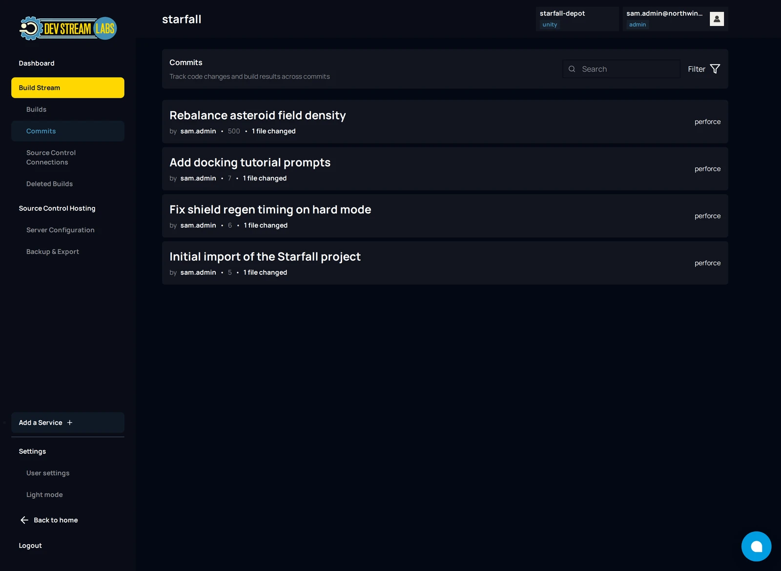 The Commits page listing pushed commits, each with author, short commit id, file count and the source control provider.