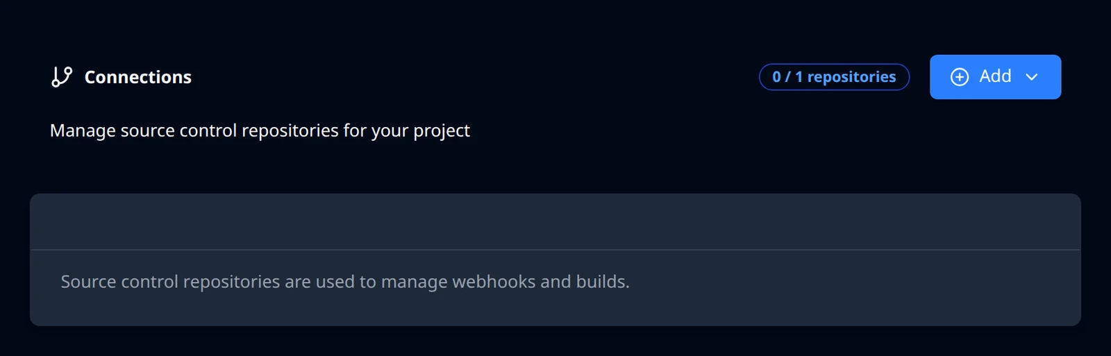 The Connections page with no repository yet: the 0 / 1 repositories counter, the Add button and the empty list.