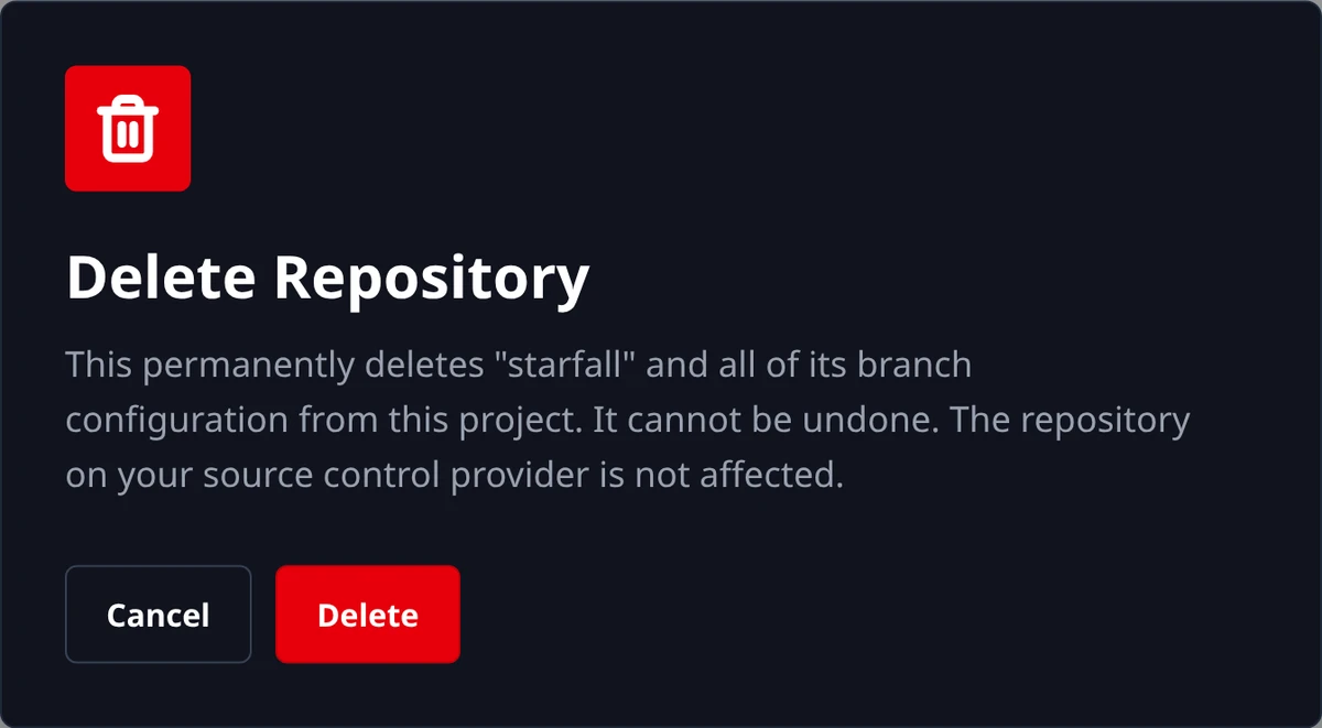 The Delete Repository dialog naming the example repository, with the Cancel and Delete buttons.