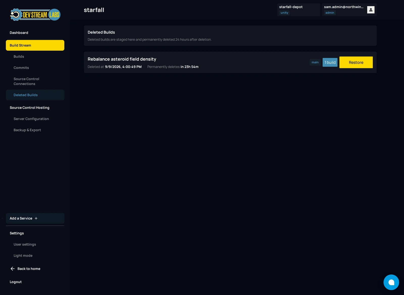 The Deleted Builds page with one trashed build showing its deletion time, the countdown to permanent deletion and the Restore button.
