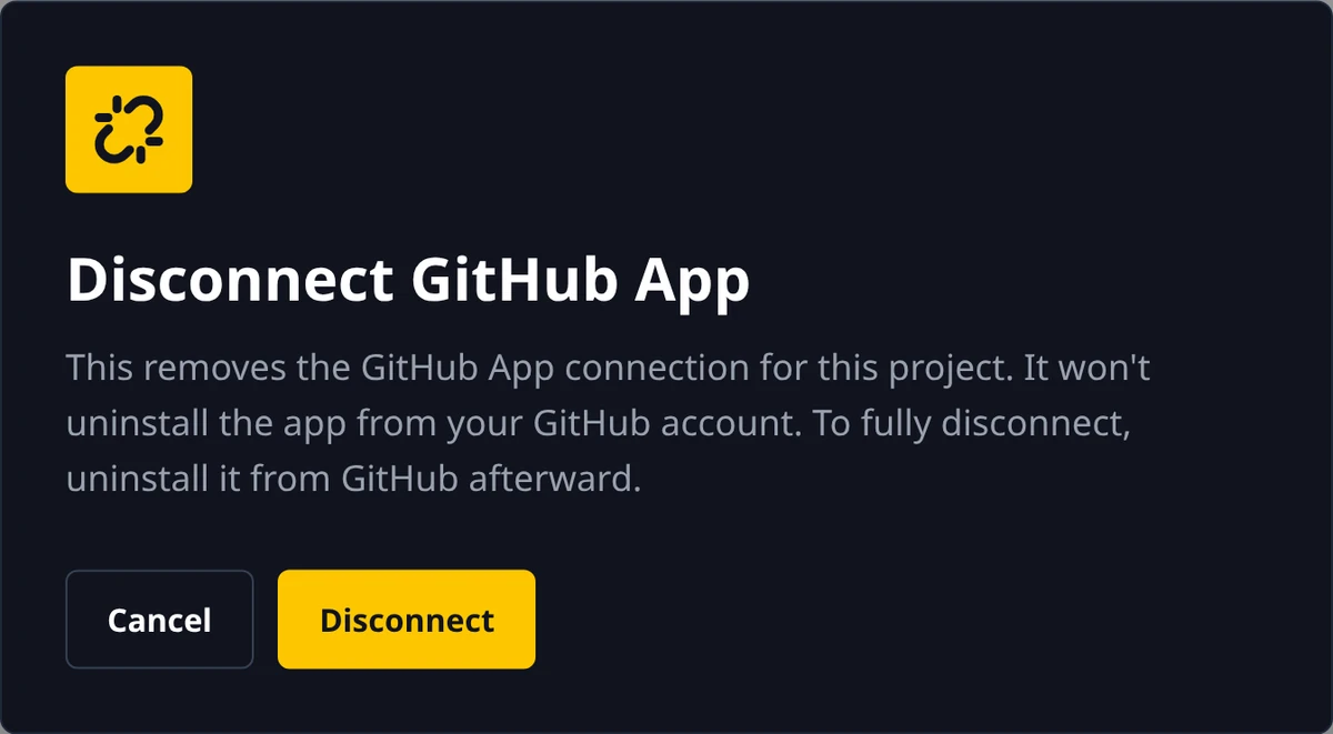 The Disconnect GitHub App dialog with its explanation and the Cancel and Disconnect buttons.