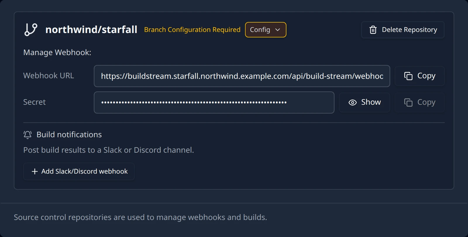 A connected Diversion repository card showing the Manage Webhook block with the organization and project in the Webhook URL, a masked Secret, and the Config and Delete Repository controls.
