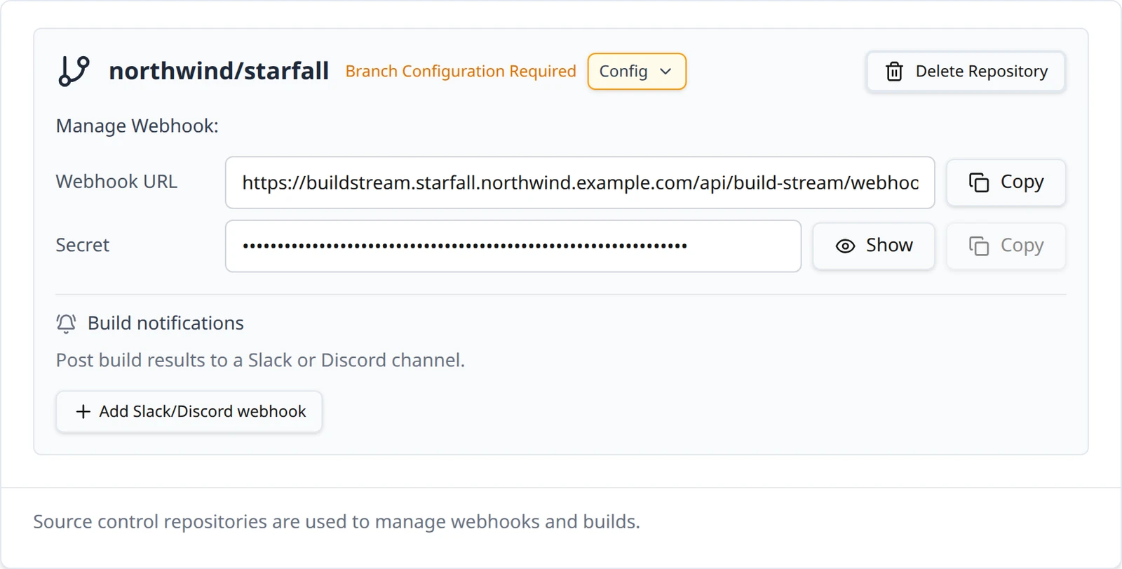 A connected Diversion repository card showing the Manage Webhook block with the organization and project in the Webhook URL, a masked Secret, and the Config and Delete Repository controls.