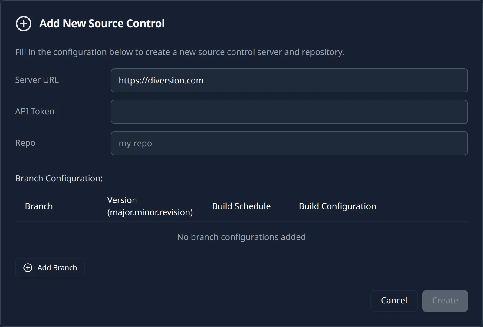 The Diversion connection form on the Connections page with Server URL pre-filled, a masked API Token, the Repo field and an empty Branch Configuration table beneath.