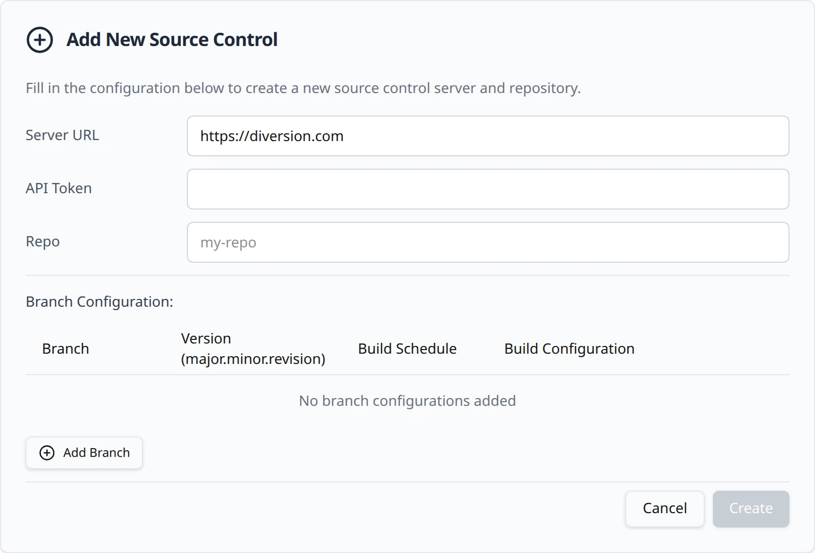 The Diversion connection form on the Connections page with Server URL pre-filled, a masked API Token, the Repo field and an empty Branch Configuration table beneath.
