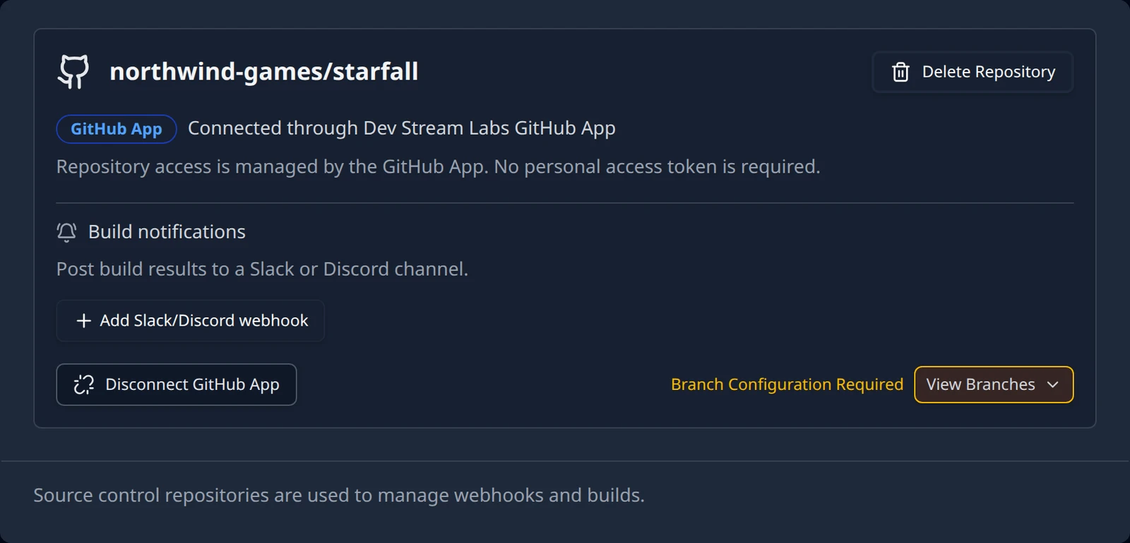 A repository card connected through the GitHub App, with the GitHub App badge, the Connected through Dev Stream Labs GitHub App line and the Disconnect GitHub App and Delete Repository buttons.