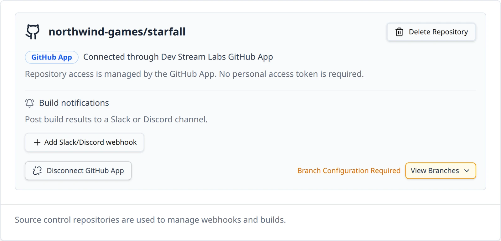 A repository card connected through the GitHub App, with the GitHub App badge, the Connected through Dev Stream Labs GitHub App line and the Disconnect GitHub App and Delete Repository buttons.