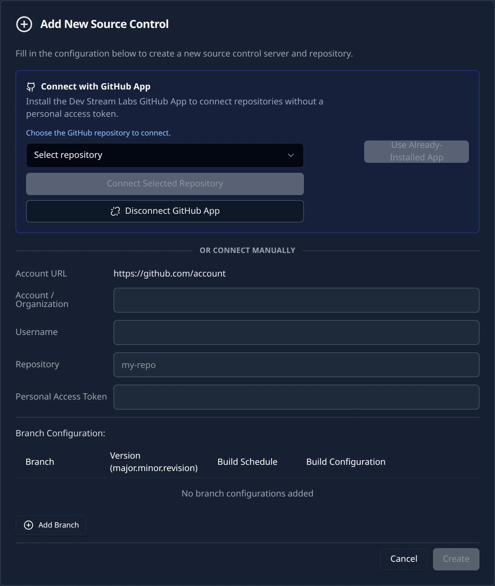 The Add New Source Control card for GitHub: the Connect with GitHub App section with its Use Already-Installed App button above the OR CONNECT MANUALLY divider and the token form.