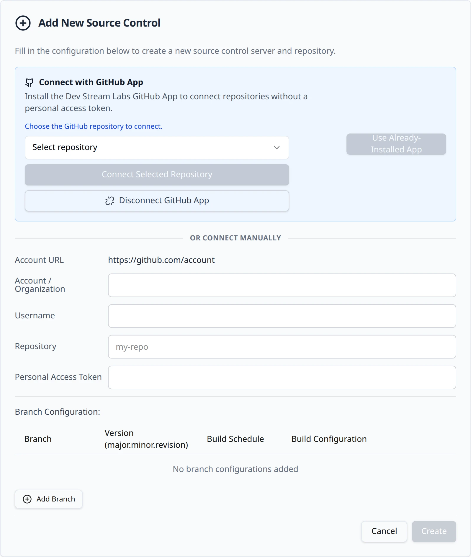 The Add New Source Control card for GitHub: the Connect with GitHub App section with its Use Already-Installed App button above the OR CONNECT MANUALLY divider and the token form.
