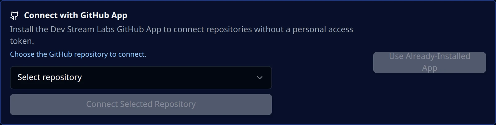 The GitHub App section after returning from GitHub, showing the Choose the GitHub repository to connect line and the repository picker.