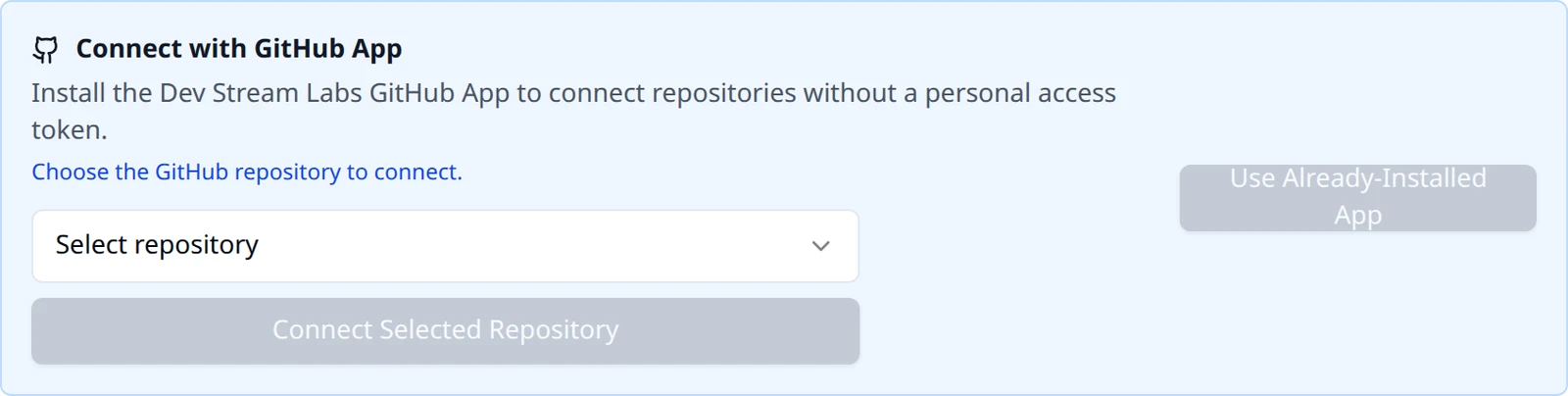 The GitHub App section after returning from GitHub, showing the Choose the GitHub repository to connect line and the repository picker.