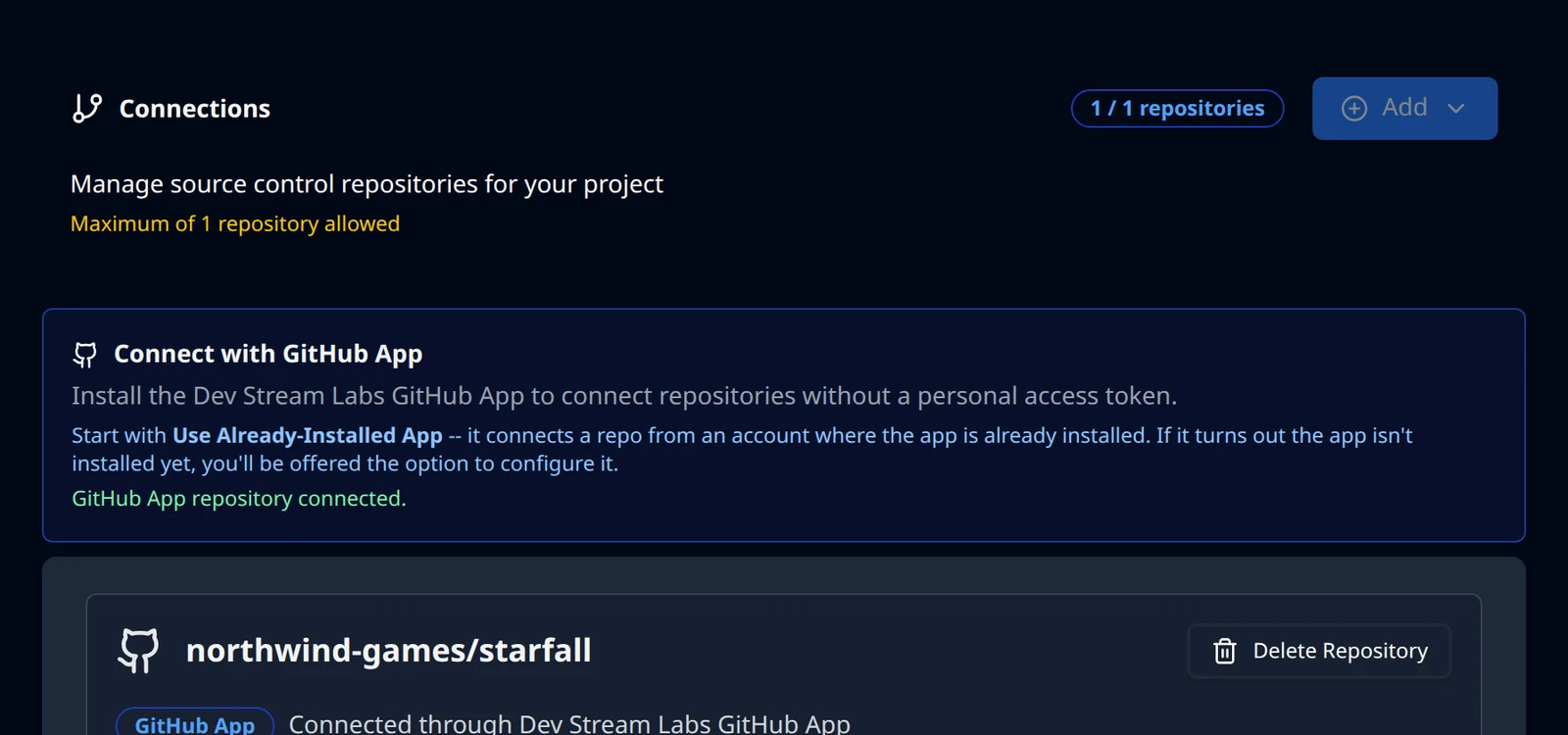 The Connections page after a GitHub App connection, showing the success line and the new repository card.