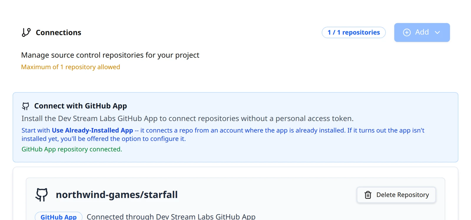 The Connections page after a GitHub App connection, showing the success line and the new repository card.
