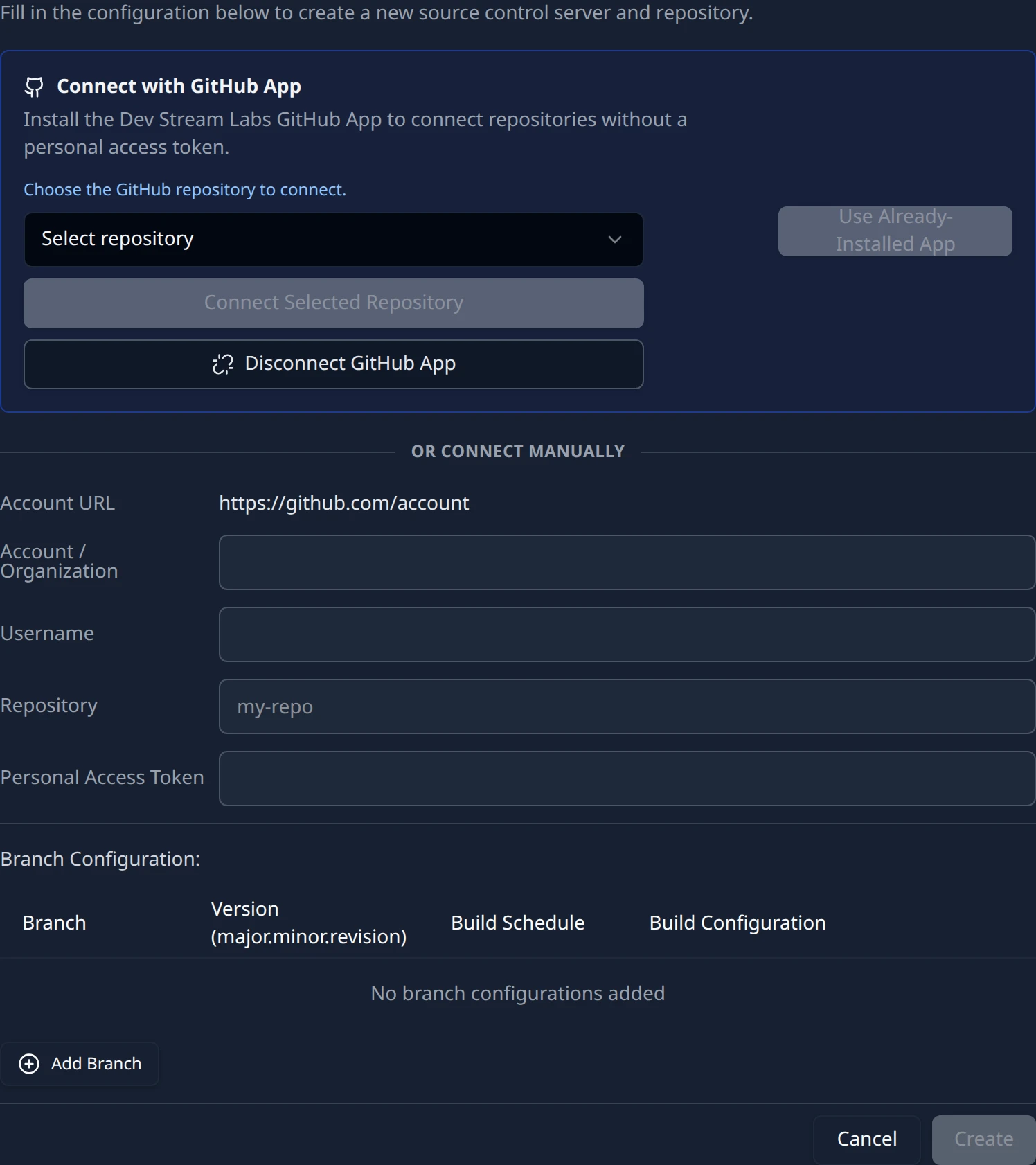 The manual GitHub form with the Account URL preview and the Account / Organization, Username, Repository and Personal Access Token fields.