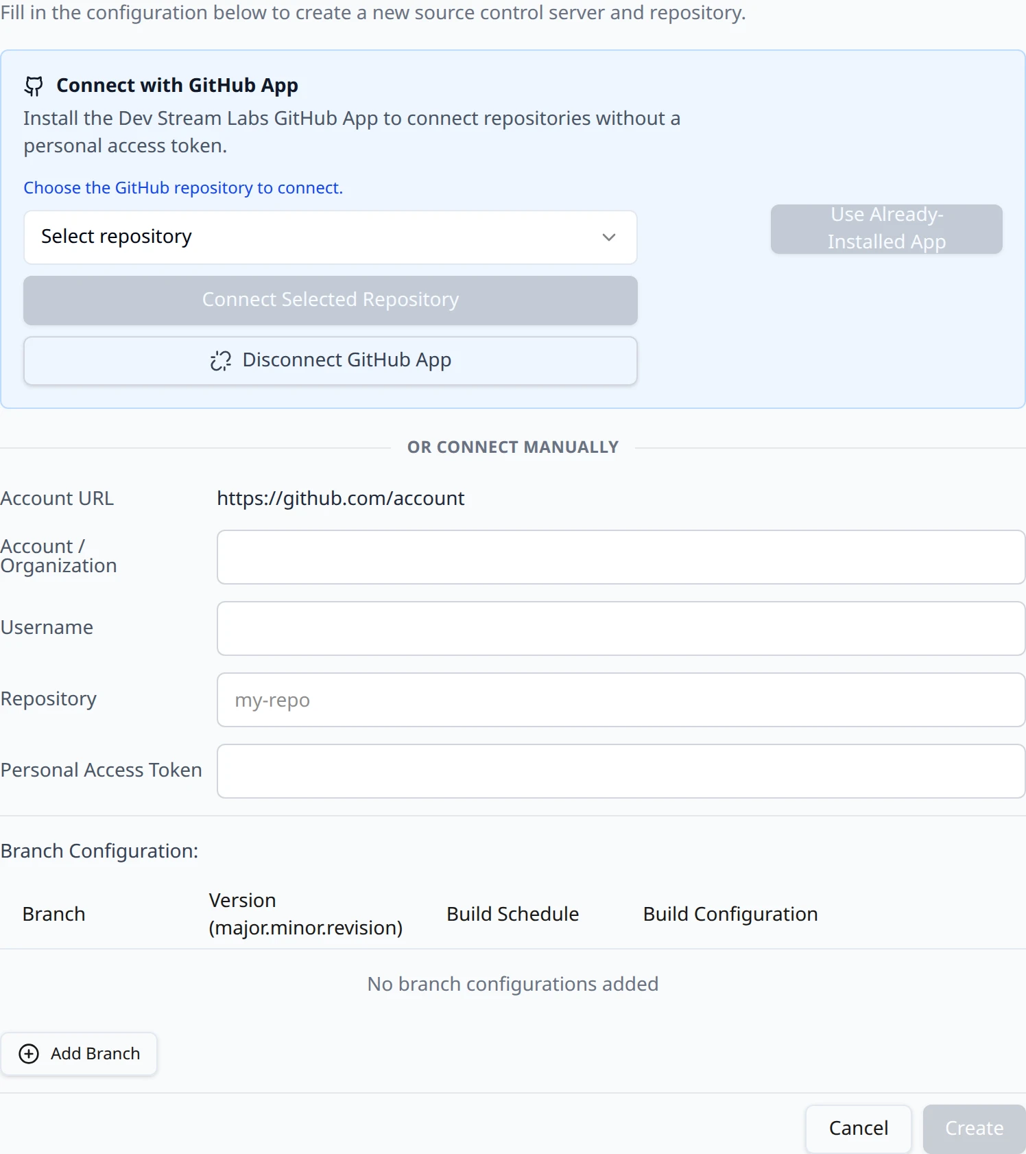 The manual GitHub form with the Account URL preview and the Account / Organization, Username, Repository and Personal Access Token fields.