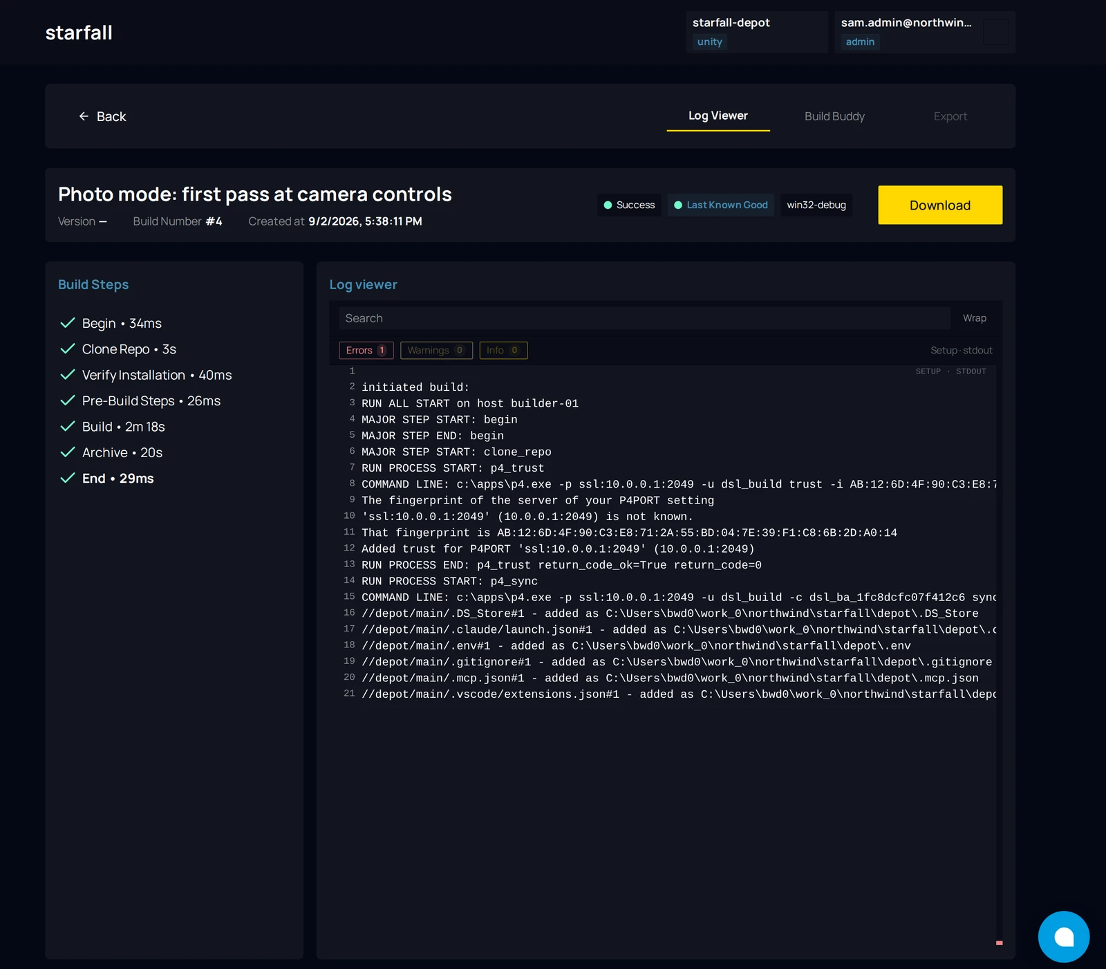 The Logs page for a failed job: the banner with the Failed chip, the Build Steps list at the left and the log viewer at the right scrolled to the first error.
