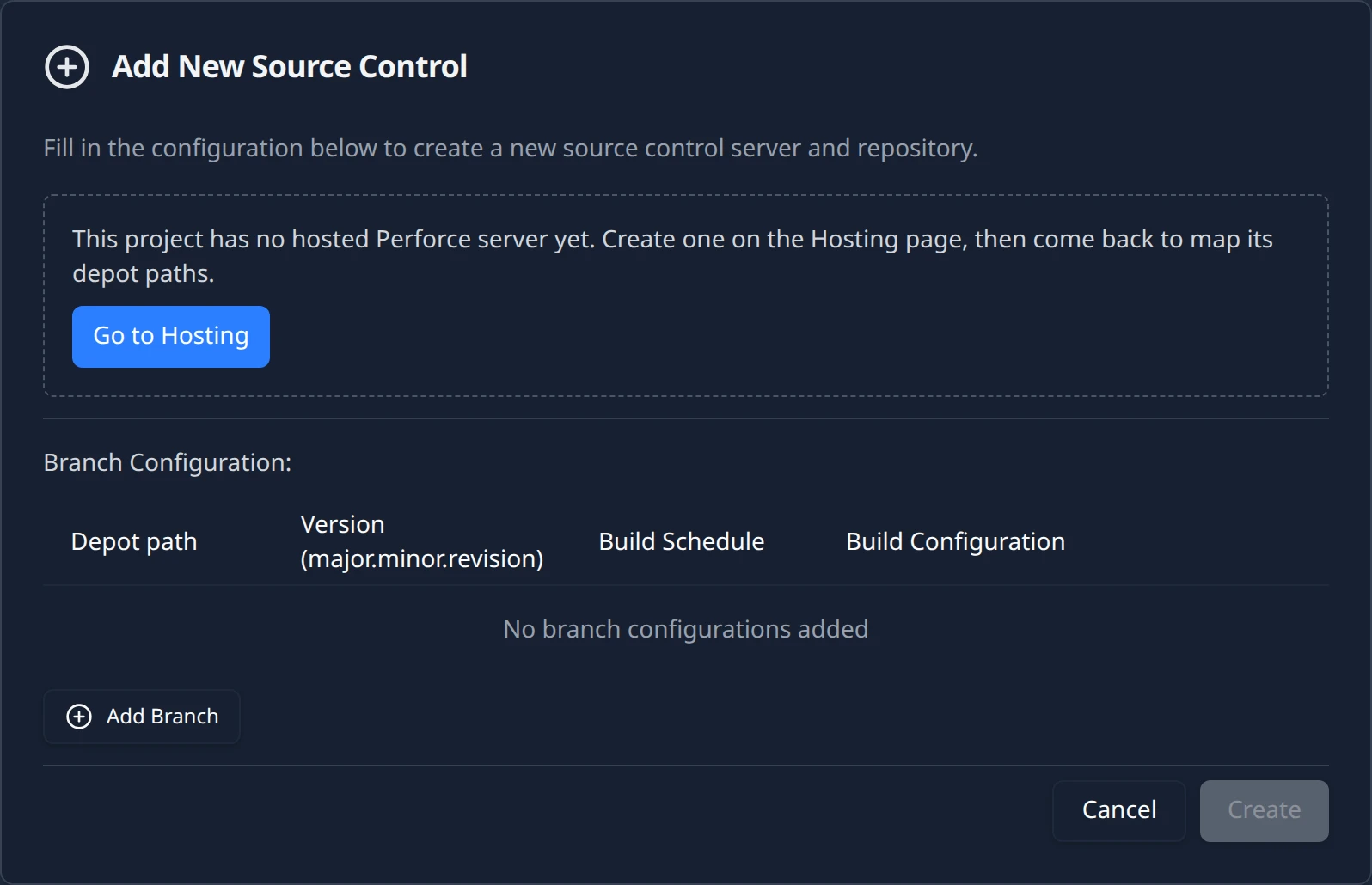 The Add New Source Control card after choosing Perforce on a project without a hosted server: the sentence that the project has no hosted Perforce server yet and a Go to Hosting button.