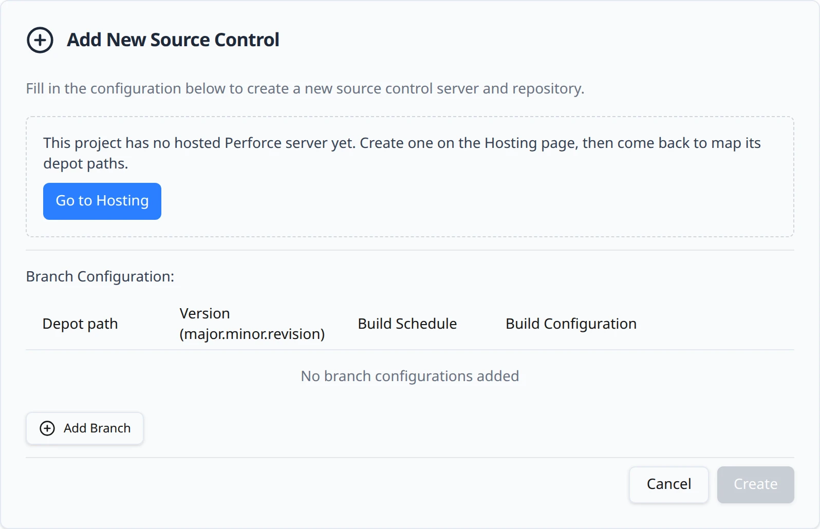 The Add New Source Control card after choosing Perforce on a project without a hosted server: the sentence that the project has no hosted Perforce server yet and a Go to Hosting button.