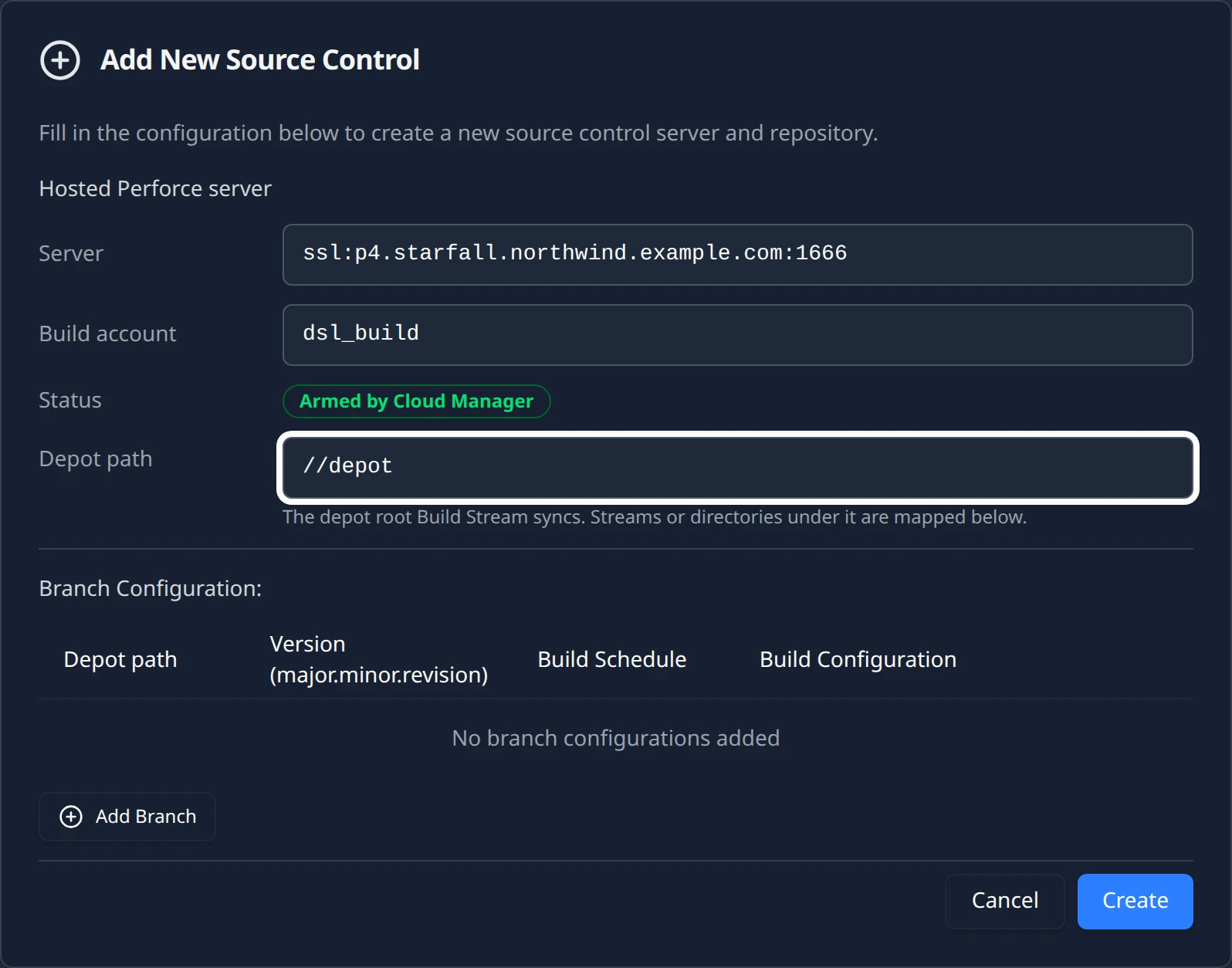 The Hosted Perforce server form: read-only Server and Build account, a Status badge reading Armed by Cloud Manager, the Depot path field set to //depot, and the branch table headed Depot path.