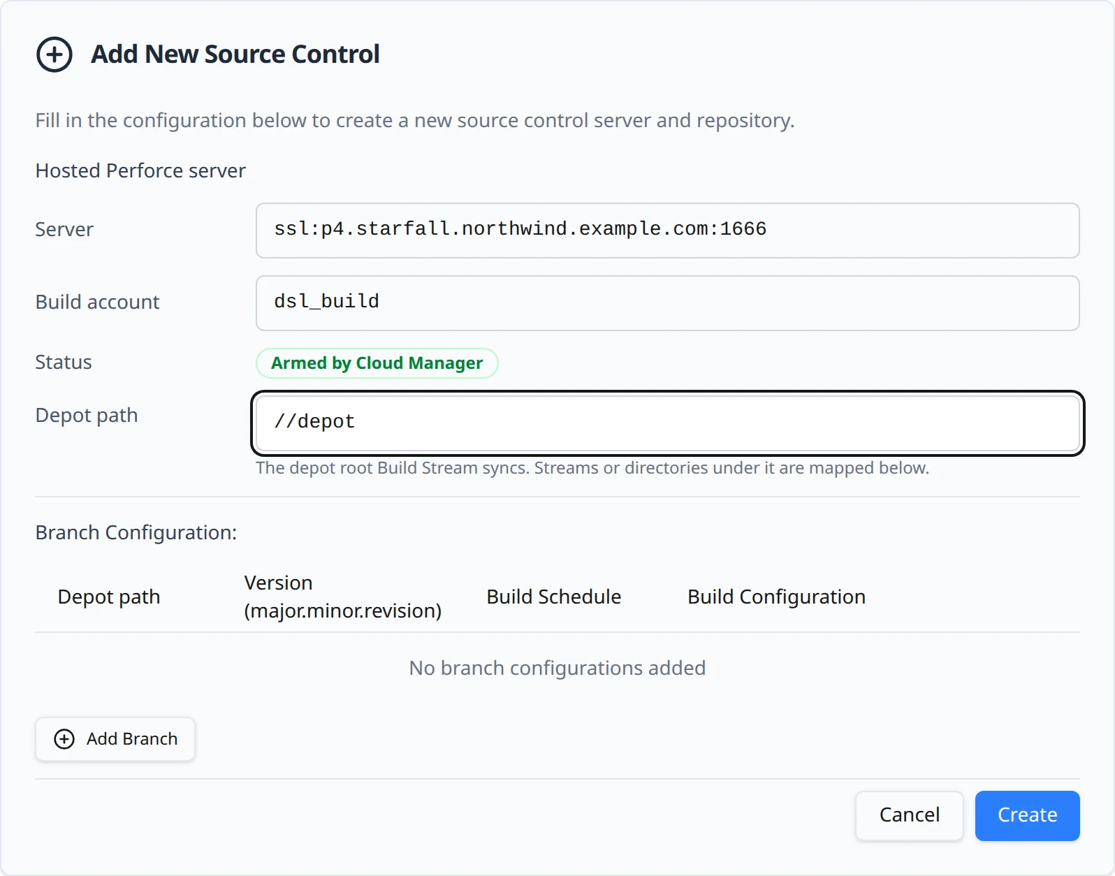 The Hosted Perforce server form: read-only Server and Build account, a Status badge reading Armed by Cloud Manager, the Depot path field set to //depot, and the branch table headed Depot path.