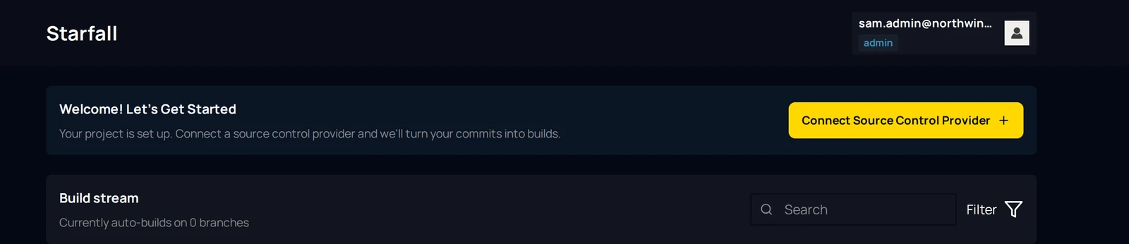 The Builds page before any repository is connected, showing the Welcome banner with the Connect Source Control Provider button.