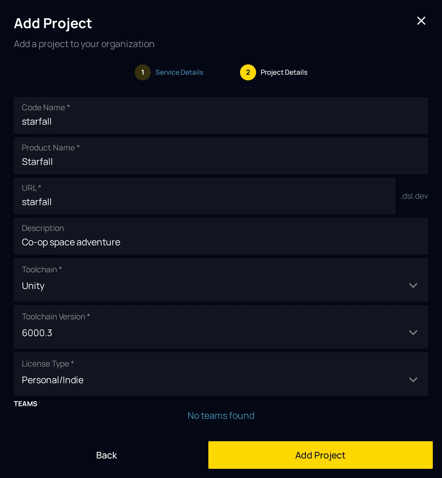 The Project Details step of the Add Project dialog with the Code Name, Product Name, URL, Description and Toolchain fields, and the Unity-specific Toolchain Version and License Type fields below them.