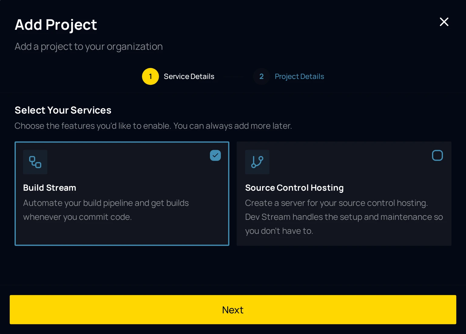 The Select Your Services step of the Add Project dialog with the Build Stream card ticked and the Source Control Hosting card beside it.