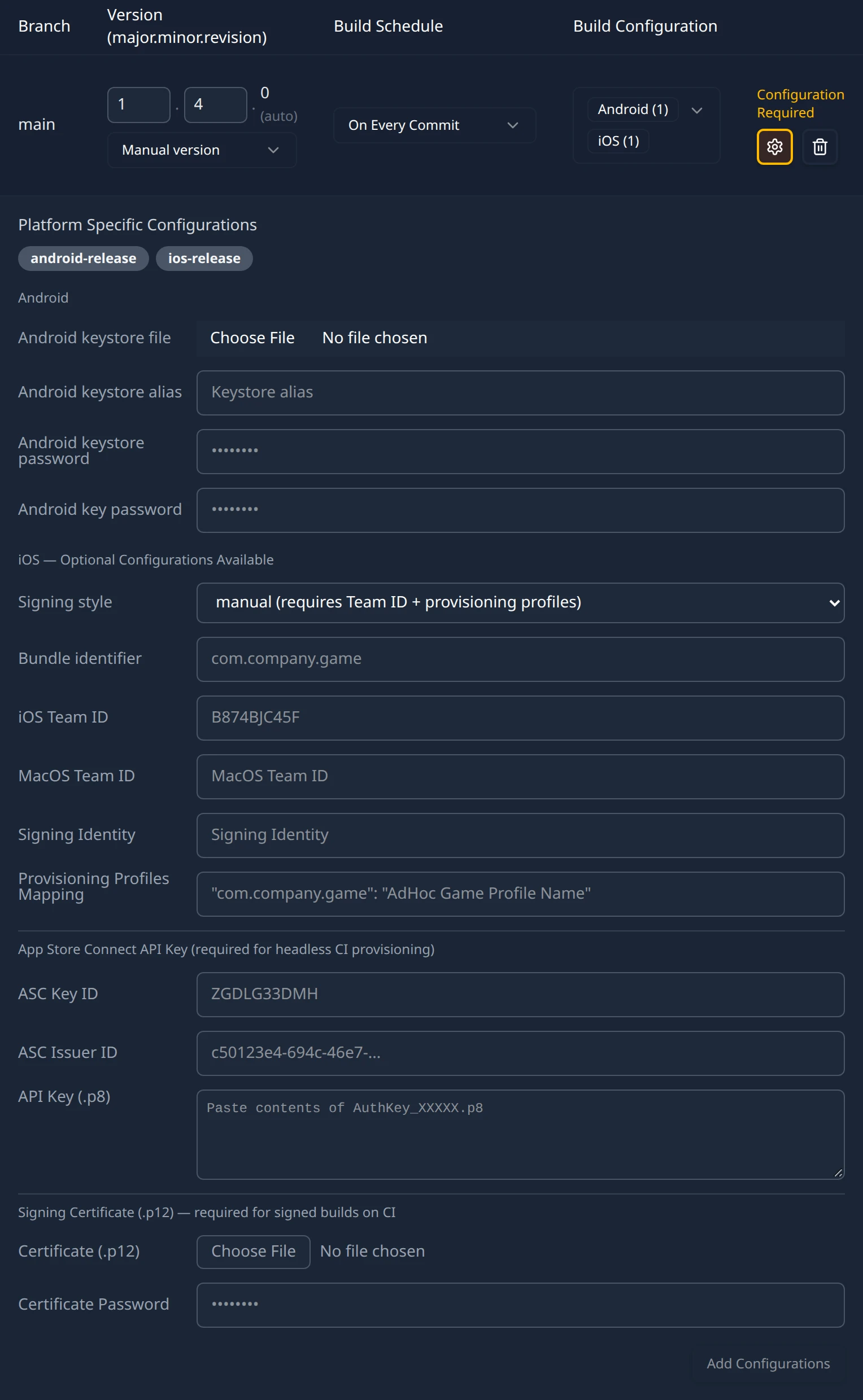 The Platform Specific Configurations panel open beneath a branch row, showing the Android group with the keystore file, alias, keystore password and key password fields.