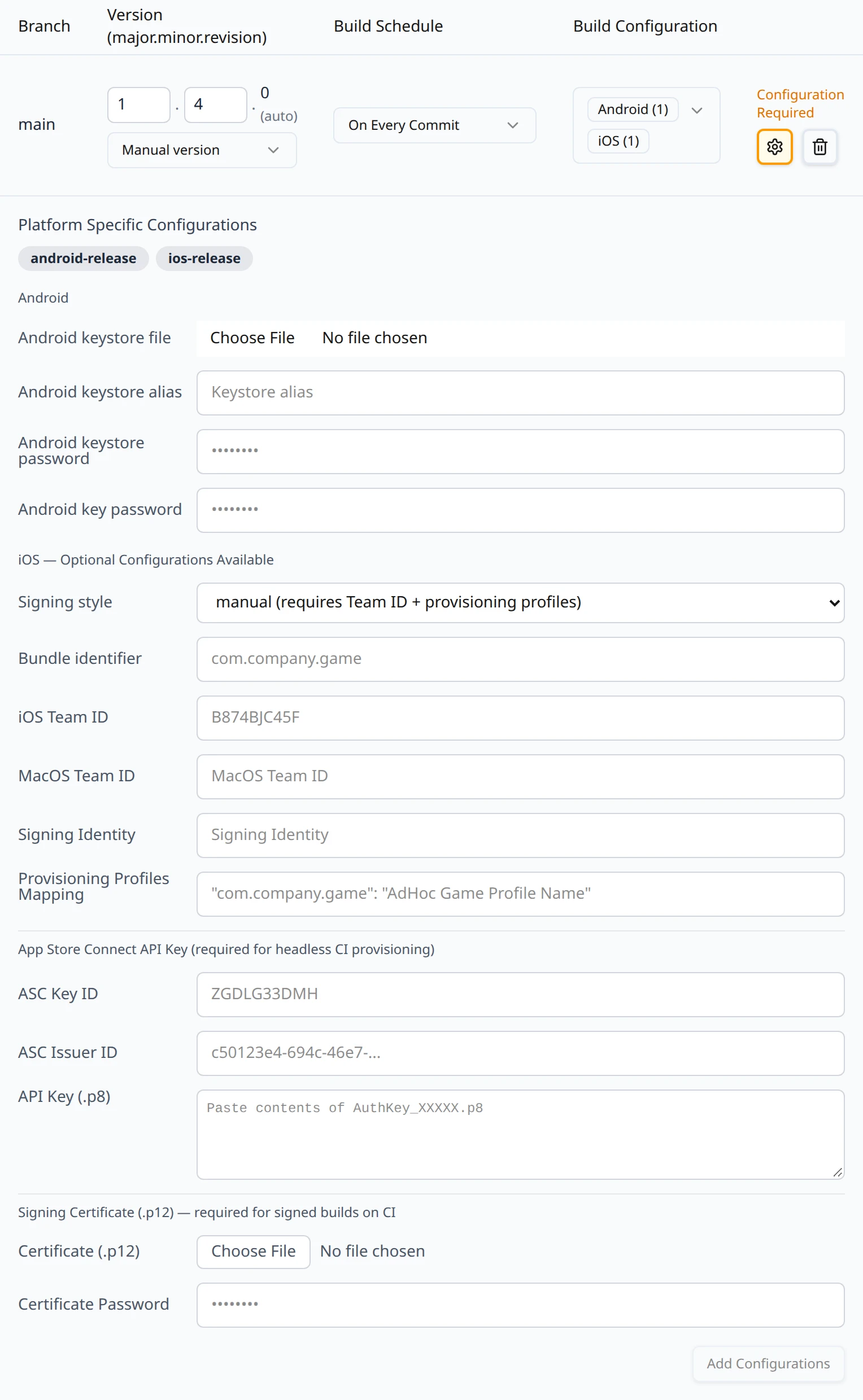 The Platform Specific Configurations panel showing the iOS group: signing style, bundle identifier, team ids, signing identity, provisioning profile mapping, App Store Connect API key fields and the certificate upload.
