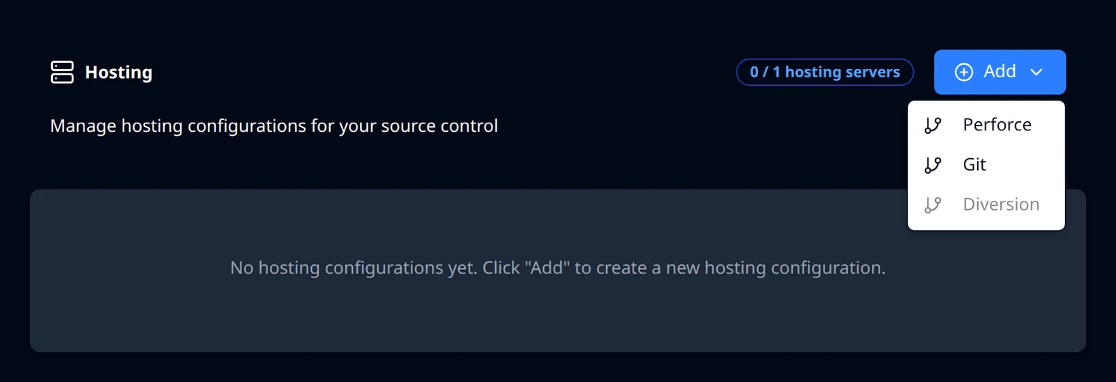 The Add menu open on the Hosting page, listing Perforce, Git and a disabled Diversion item.