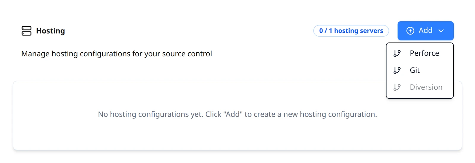 The Add menu open on the Hosting page, listing Perforce, Git and a disabled Diversion item.