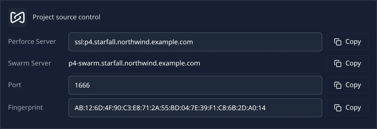 The Project source control card listing Perforce Server, Swarm Server, Port and Fingerprint, each with a Copy button.