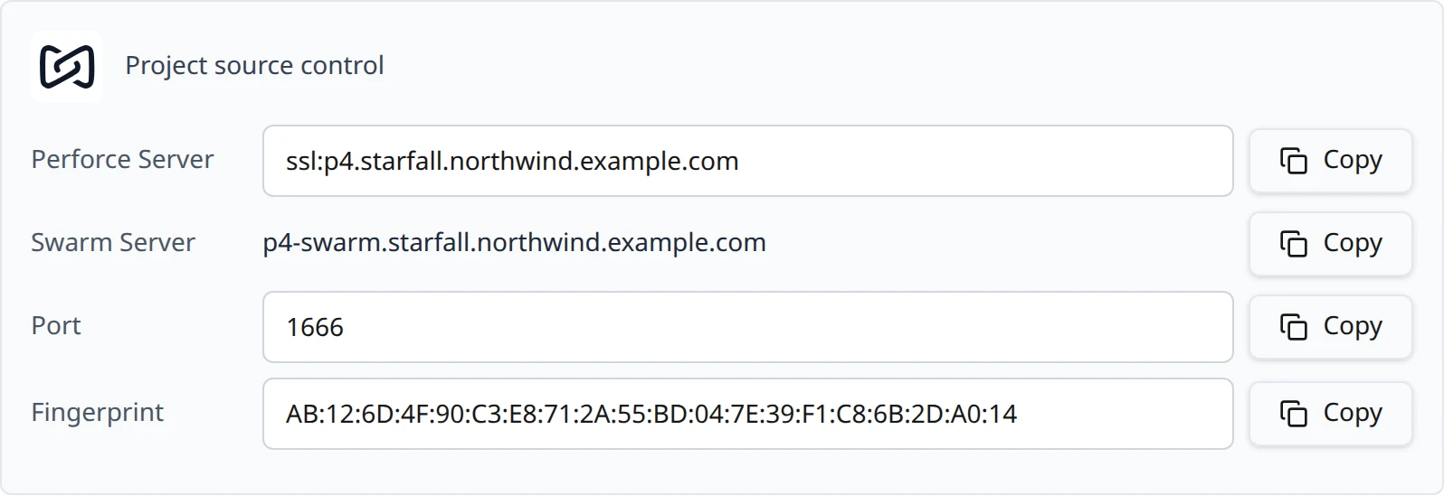 The Project source control card listing Perforce Server, Swarm Server, Port and Fingerprint, each with a Copy button.