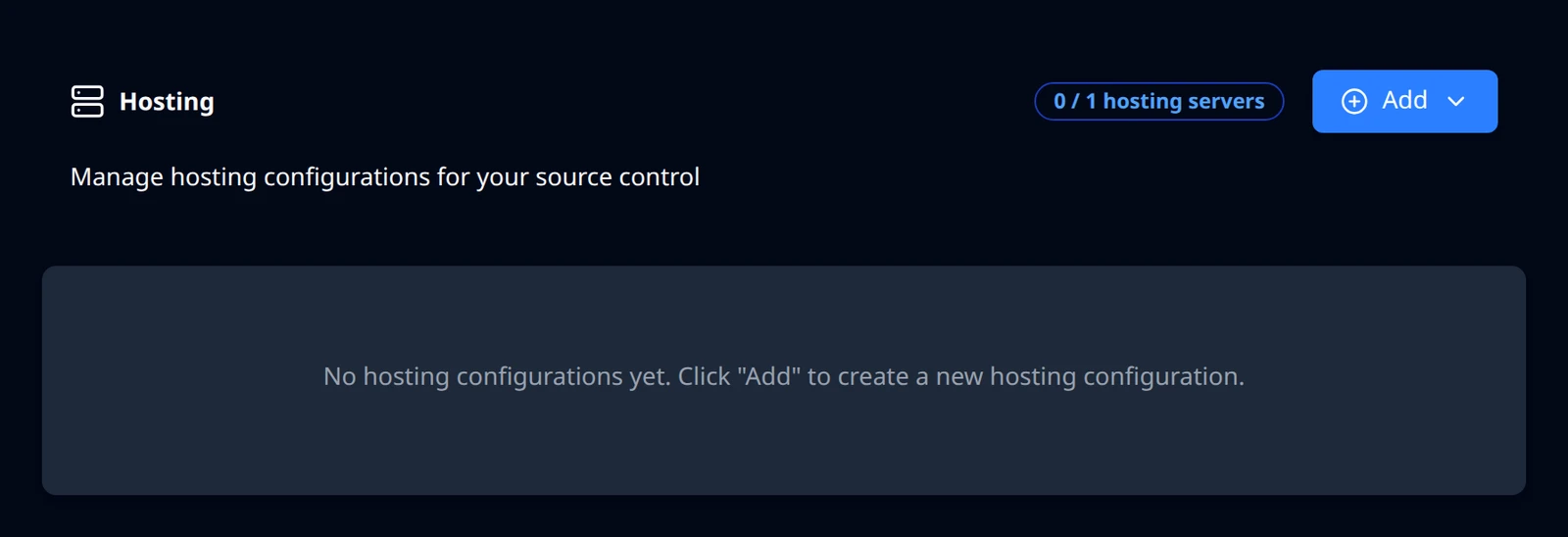 The Hosting page with no servers: the 0 / 1 hosting servers counter, the Add button, and the empty-state message.