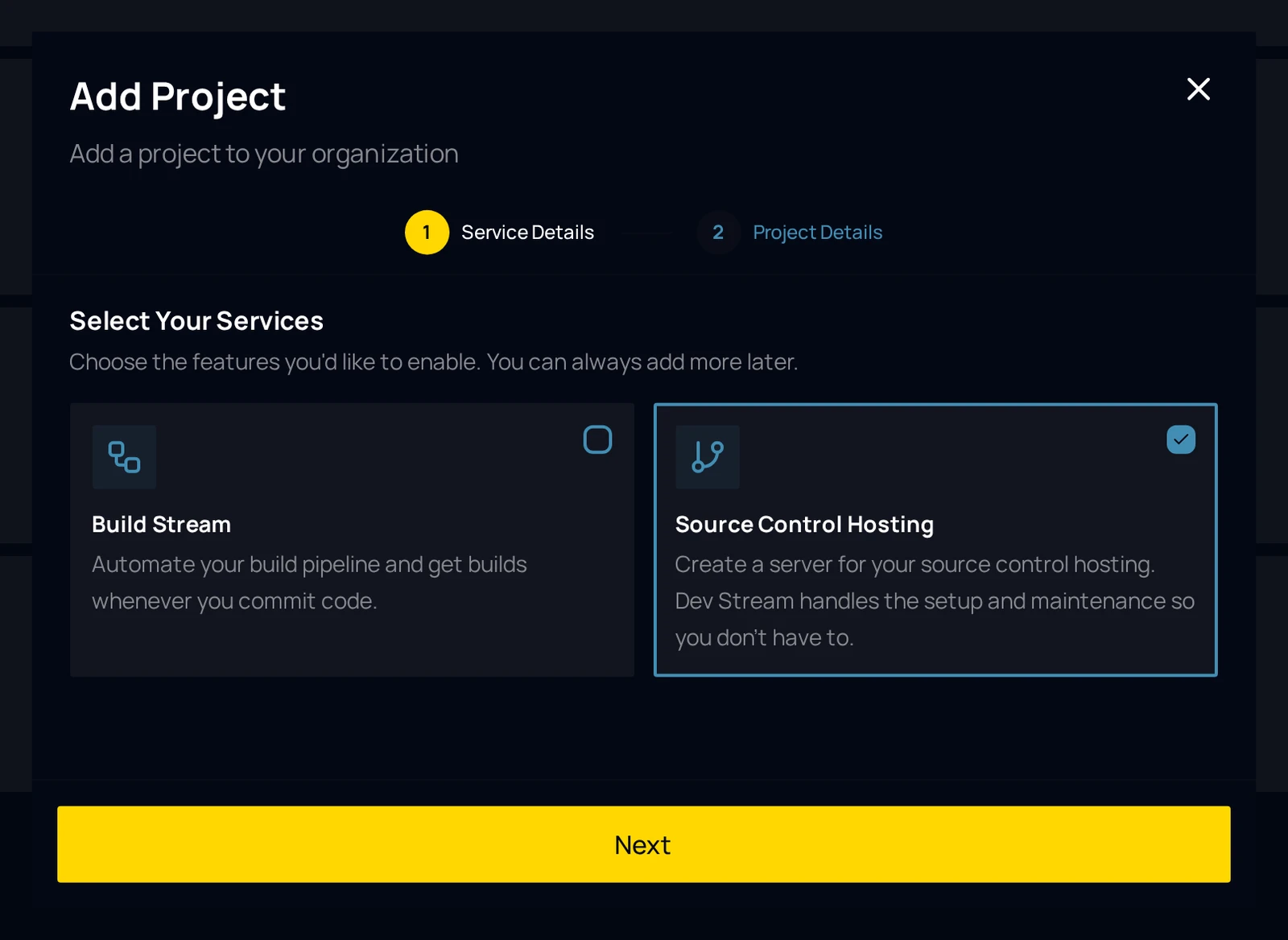 The Select Your Services step of the project dialog with the Source Control Hosting card and its description.